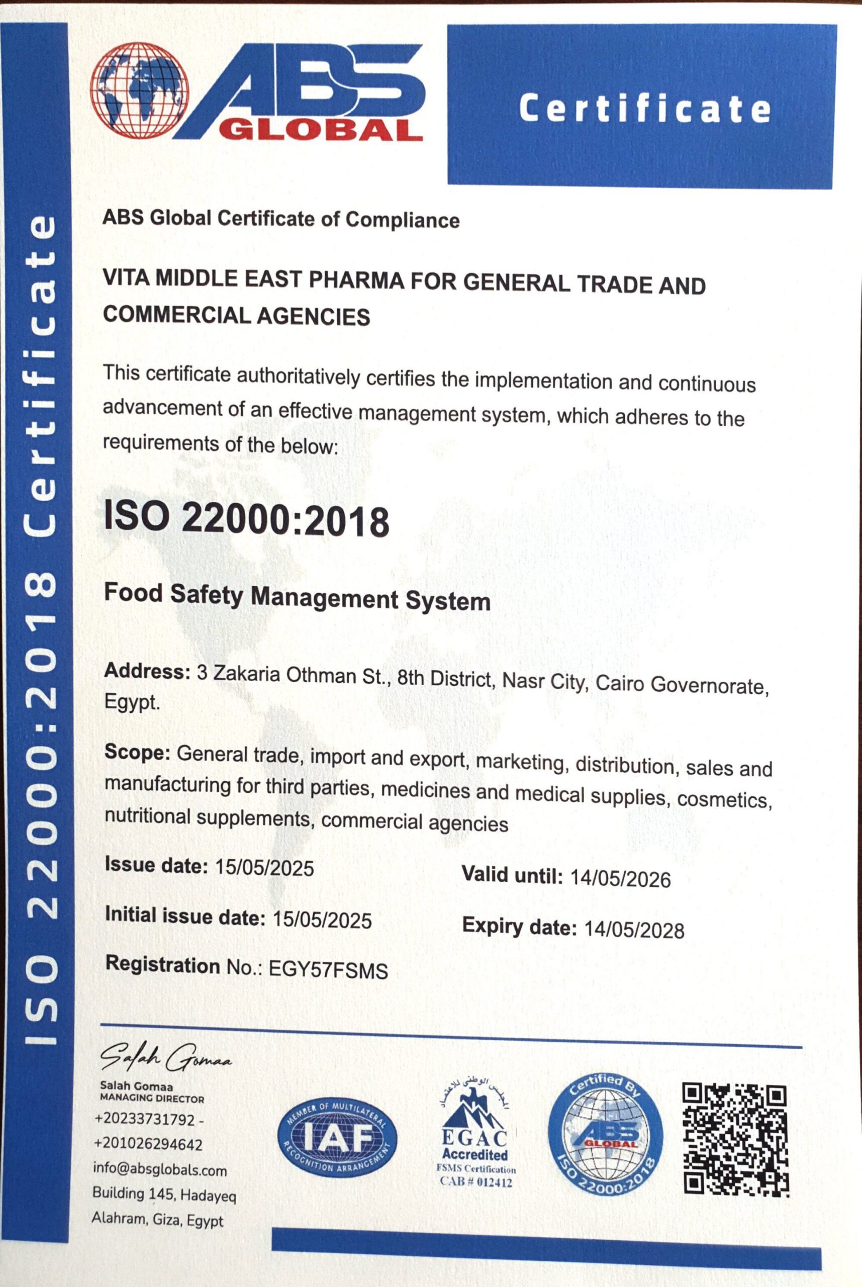 ISO 22000:2018 Certificate