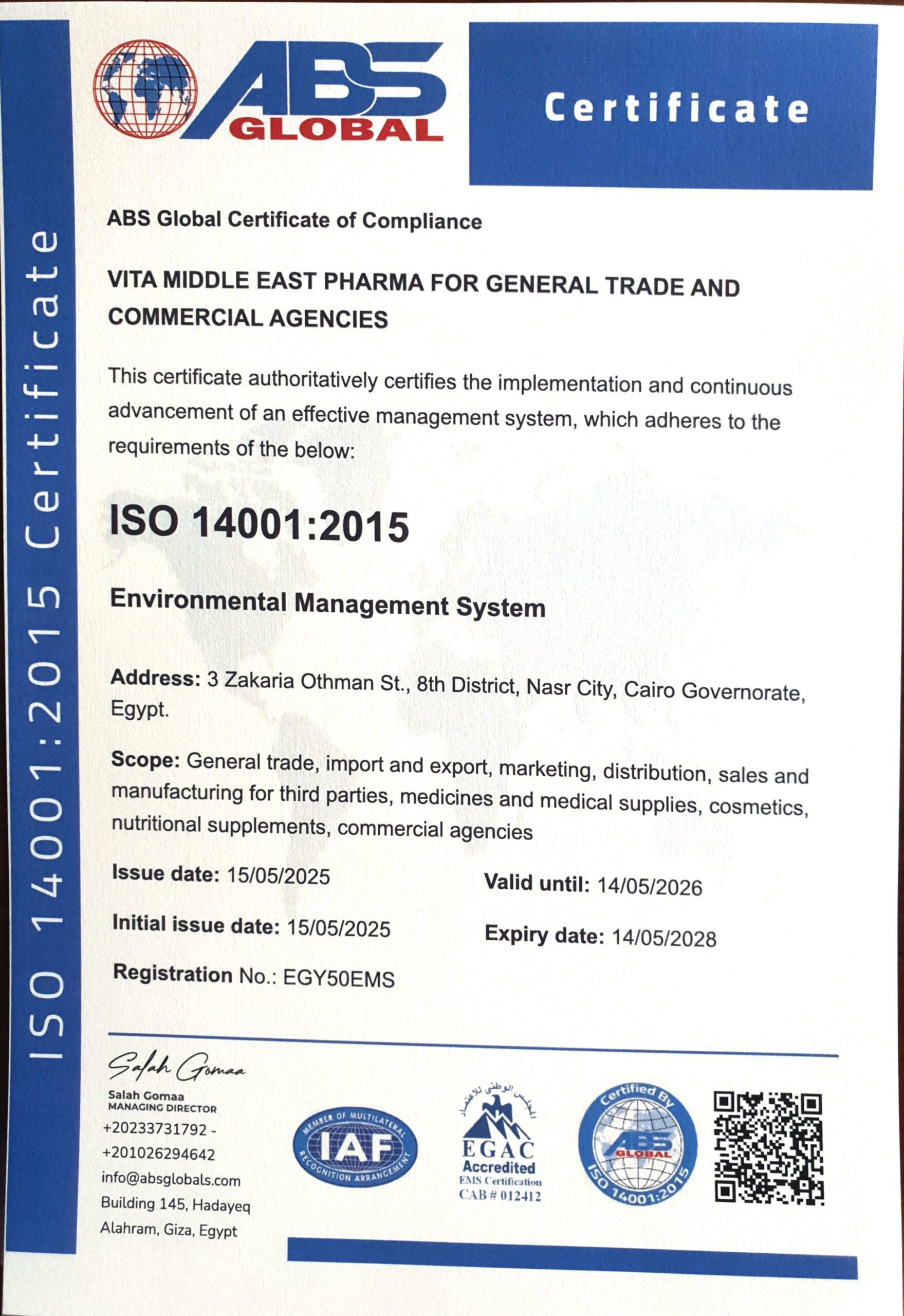 ISO 14001:2015 Certificate